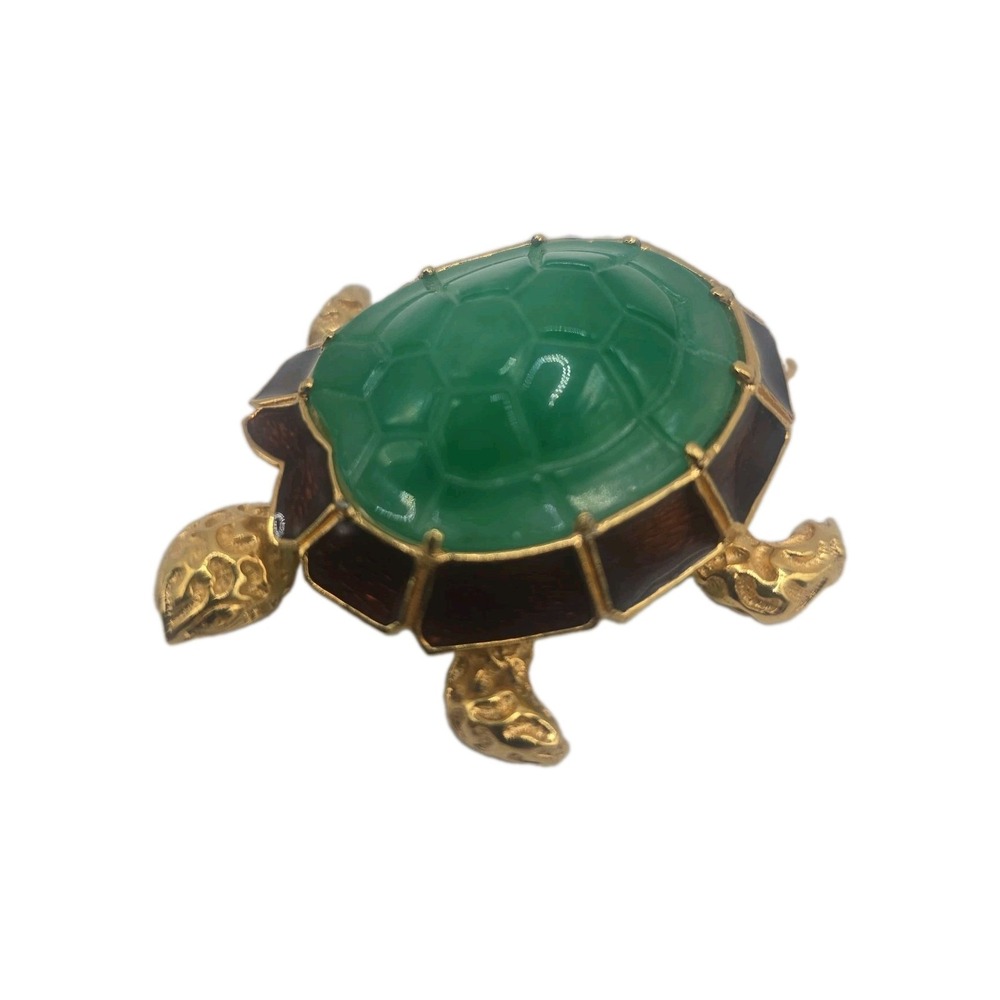 Signed Ciner Green Lucite Turtle Brooch Gold Tone Statement Pin Vintage